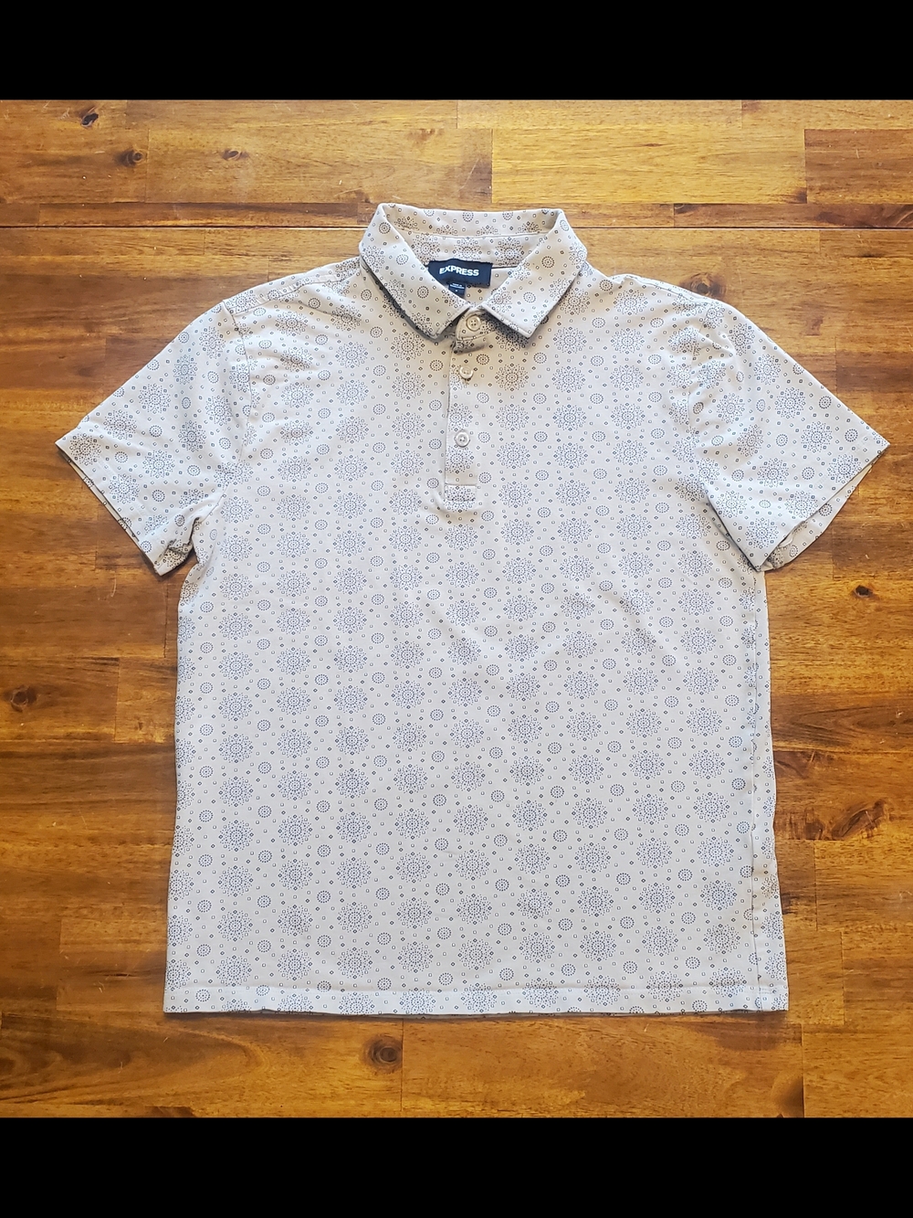 Express Men's Beige Tan Polo with Navy Geometric Print